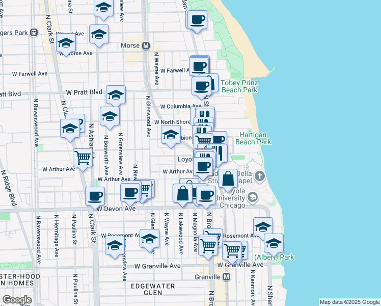 map of restaurants, bars, coffee shops, grocery stores, and more near 1234 West Loyola Avenue in Chicago