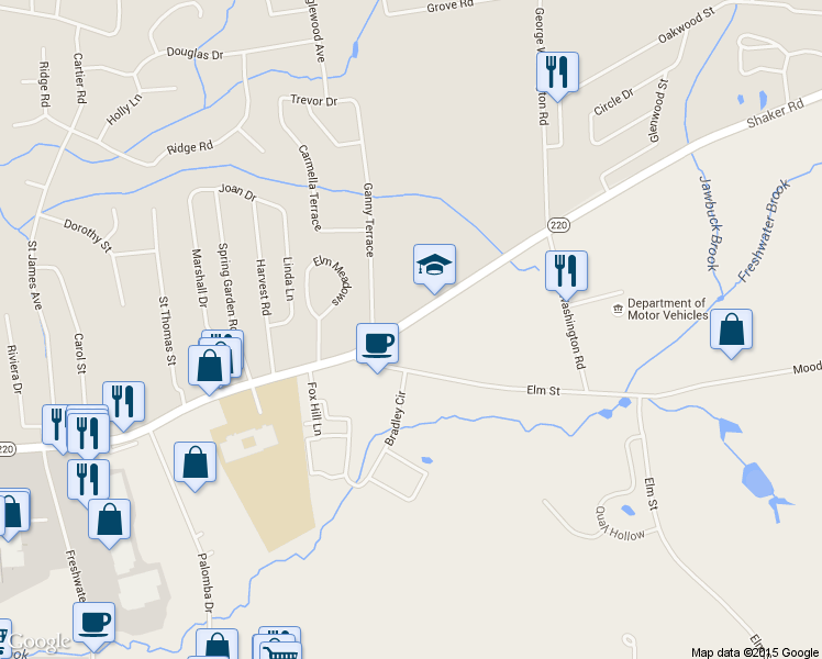 map of restaurants, bars, coffee shops, grocery stores, and more near 16 Shaker Road in Enfield