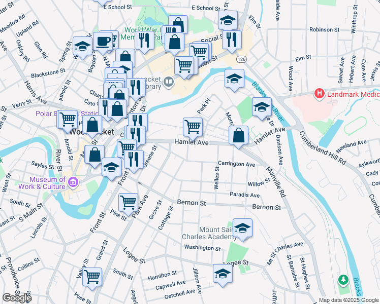 map of restaurants, bars, coffee shops, grocery stores, and more near 42 Grove Street in Woonsocket
