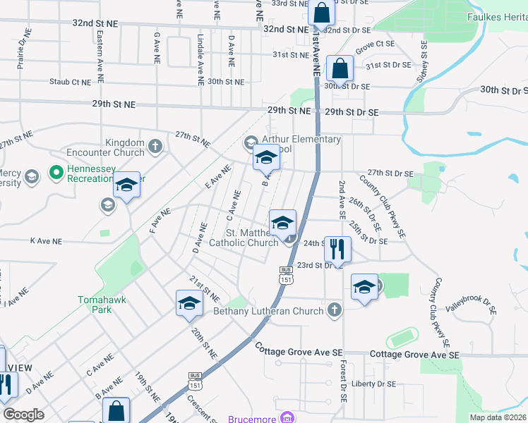 map of restaurants, bars, coffee shops, grocery stores, and more near 2417 B Avenue Northeast in Cedar Rapids