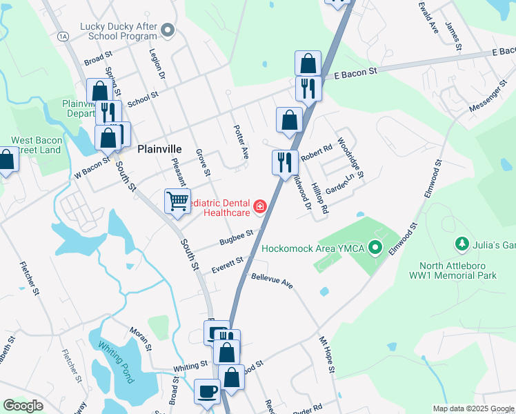 map of restaurants, bars, coffee shops, grocery stores, and more near 16 Washington Street in Plainville