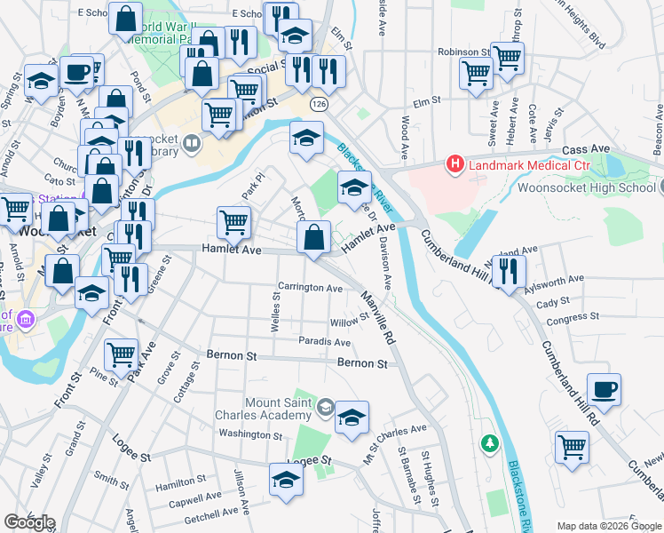 map of restaurants, bars, coffee shops, grocery stores, and more near 2 Manville Road in Woonsocket
