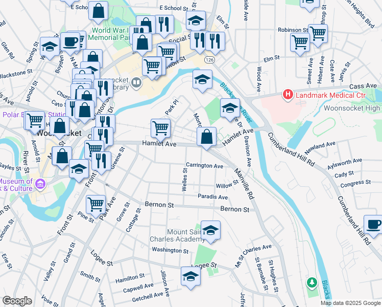 map of restaurants, bars, coffee shops, grocery stores, and more near 42 Welles Street in Woonsocket