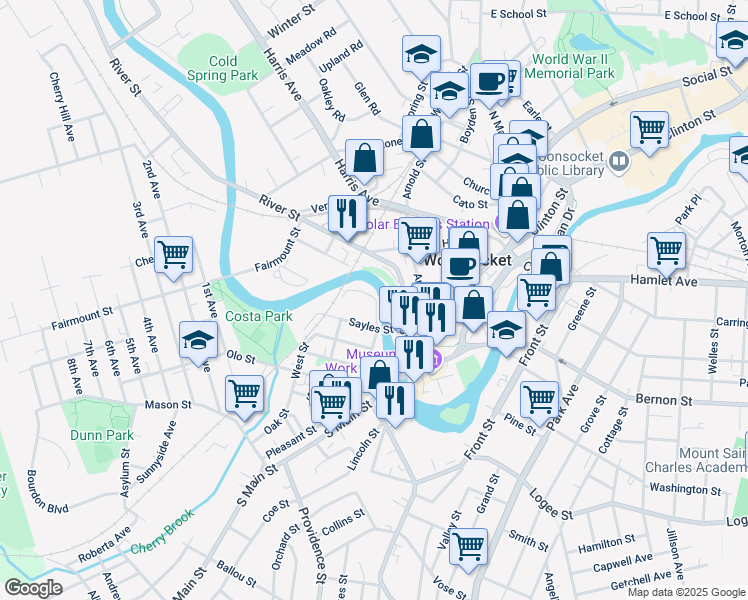 map of restaurants, bars, coffee shops, grocery stores, and more near 52 Northeast Street in Woonsocket