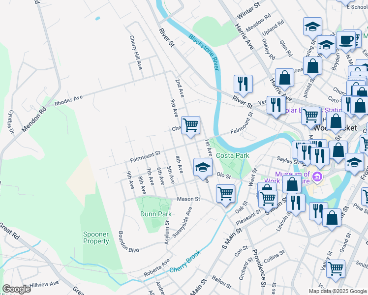 map of restaurants, bars, coffee shops, grocery stores, and more near 239 3rd Avenue in Woonsocket