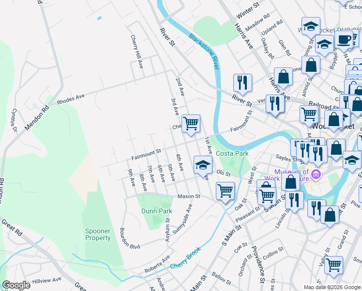 map of restaurants, bars, coffee shops, grocery stores, and more near 242 4th Avenue in Woonsocket