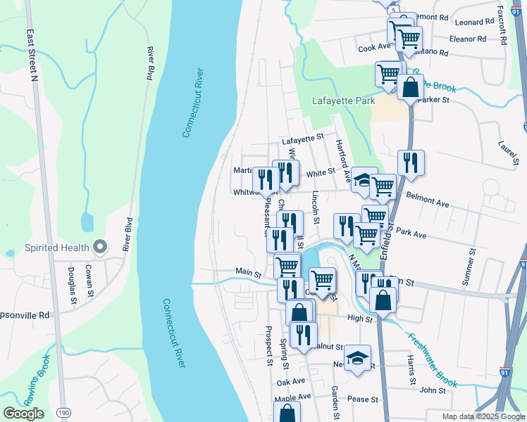 map of restaurants, bars, coffee shops, grocery stores, and more near 17 College Street in Enfield