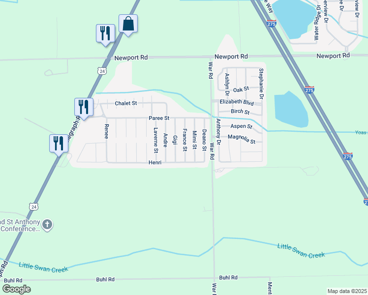 map of restaurants, bars, coffee shops, grocery stores, and more near 8521 France Street in Monroe County