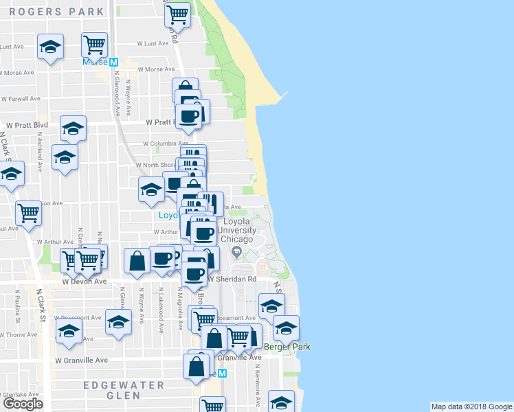map of restaurants, bars, coffee shops, grocery stores, and more near 1026 West Loyola Avenue in Chicago