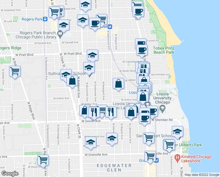 map of restaurants, bars, coffee shops, grocery stores, and more near 6552 North Glenwood Avenue in Chicago