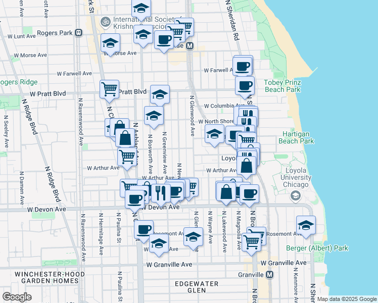 map of restaurants, bars, coffee shops, grocery stores, and more near 6552 North Glenwood Avenue in Chicago