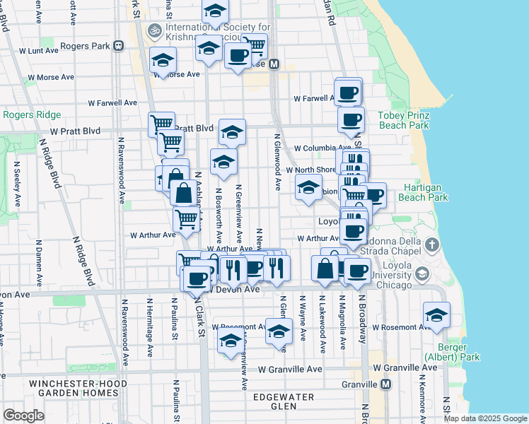 map of restaurants, bars, coffee shops, grocery stores, and more near 6552 North Glenwood Avenue in Chicago