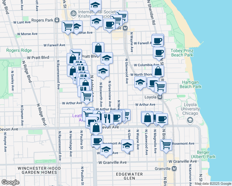 map of restaurants, bars, coffee shops, grocery stores, and more near 1439 West Albion Avenue in Chicago