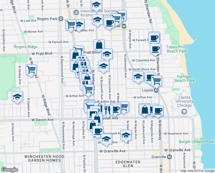 map of restaurants, bars, coffee shops, grocery stores, and more near 6555 North Bosworth Avenue in Chicago