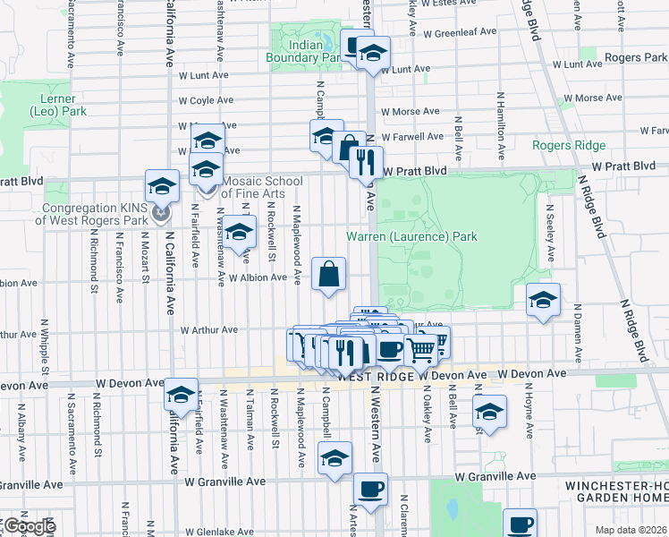 map of restaurants, bars, coffee shops, grocery stores, and more near 2440 West Albion Avenue in Chicago