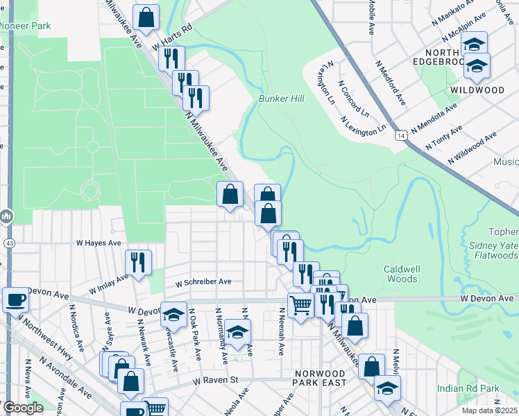 map of restaurants, bars, coffee shops, grocery stores, and more near 6622 North Milwaukee Avenue in Niles