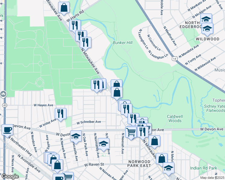 map of restaurants, bars, coffee shops, grocery stores, and more near 6622 North Milwaukee Avenue in Niles