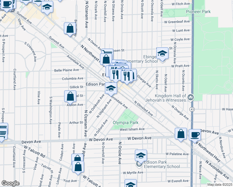map of restaurants, bars, coffee shops, grocery stores, and more near 6645 North Oliphant Avenue in Chicago