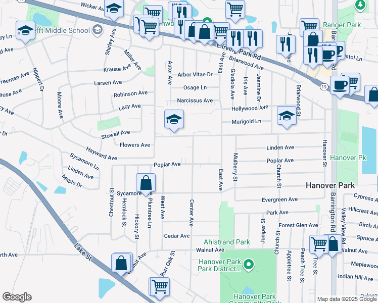 map of restaurants, bars, coffee shops, grocery stores, and more near 7105 Center Avenue in Hanover Park