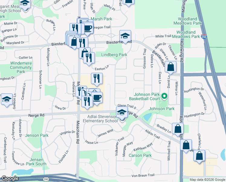 map of restaurants, bars, coffee shops, grocery stores, and more near 1100 West Glenn Trail in Elk Grove Village