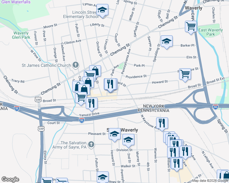 map of restaurants, bars, coffee shops, grocery stores, and more near 1 De Pumpo Lane in Waverly