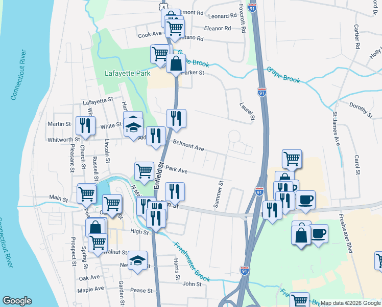 map of restaurants, bars, coffee shops, grocery stores, and more near 4 Columbus Avenue in Enfield