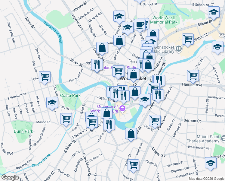 map of restaurants, bars, coffee shops, grocery stores, and more near 160 River Street in Woonsocket