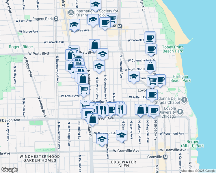 map of restaurants, bars, coffee shops, grocery stores, and more near 6555 North Greenview Avenue in Chicago