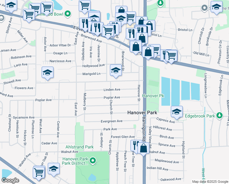 map of restaurants, bars, coffee shops, grocery stores, and more near 1765 Linden Avenue in Hanover Park