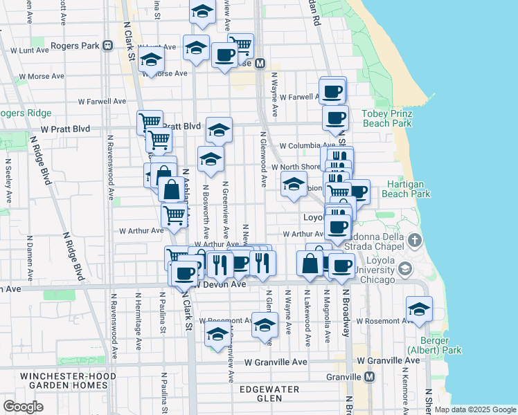 map of restaurants, bars, coffee shops, grocery stores, and more near 6552 North Glenwood Avenue in Chicago