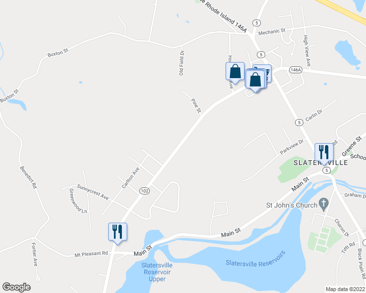 map of restaurants, bars, coffee shops, grocery stores, and more near 1118 Victory Highway in North Smithfield
