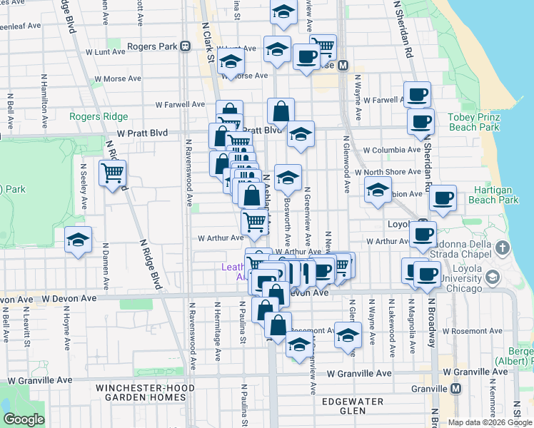 map of restaurants, bars, coffee shops, grocery stores, and more near 6570 North Ashland Avenue in Chicago