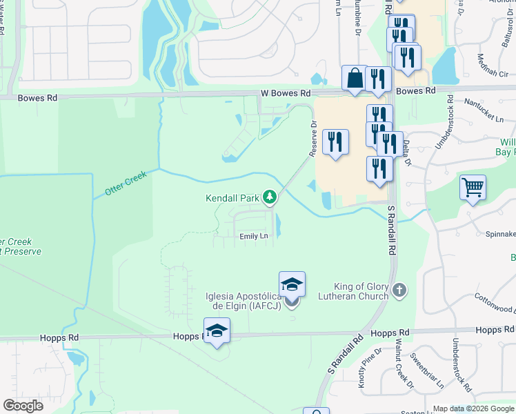 map of restaurants, bars, coffee shops, grocery stores, and more near 2428 Anna Way in Elgin