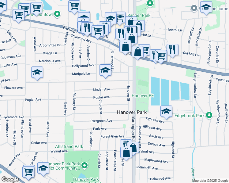 map of restaurants, bars, coffee shops, grocery stores, and more near 1699 Linden Avenue in Hanover Park