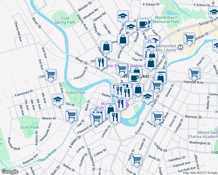 map of restaurants, bars, coffee shops, grocery stores, and more near 64 Northeast Street in Woonsocket