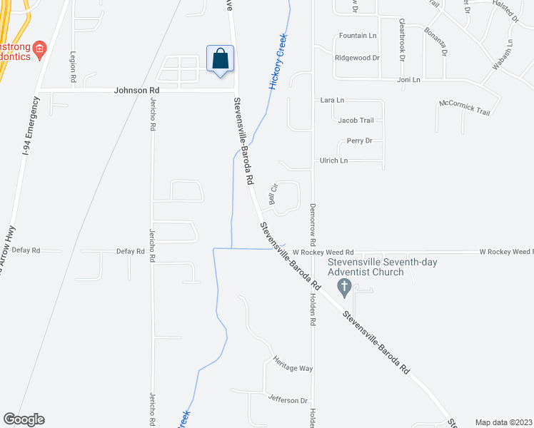 map of restaurants, bars, coffee shops, grocery stores, and more near 2603 Bell Circle in Stevensville