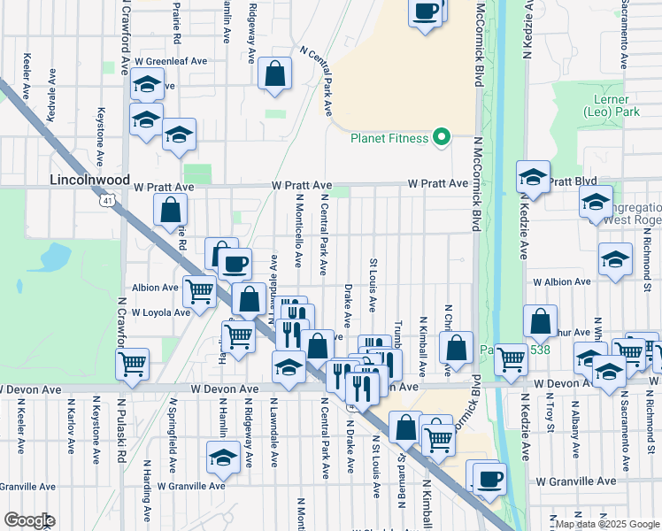 map of restaurants, bars, coffee shops, grocery stores, and more near 6625 North Central Park Avenue in Lincolnwood