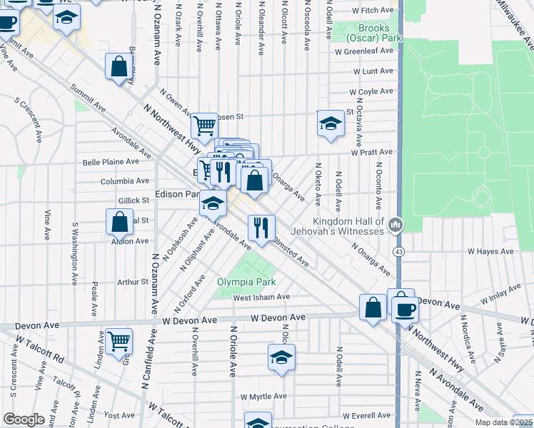 map of restaurants, bars, coffee shops, grocery stores, and more near 6650 North Northwest Highway in Chicago
