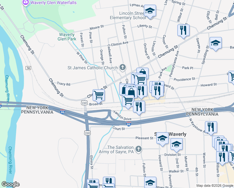 map of restaurants, bars, coffee shops, grocery stores, and more near 12 Johnson Street in Waverly