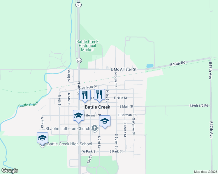 map of restaurants, bars, coffee shops, grocery stores, and more near 101 East O'Neill Street in Battle Creek