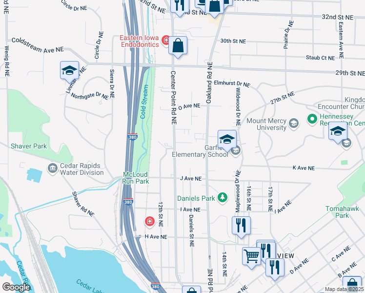 map of restaurants, bars, coffee shops, grocery stores, and more near 1317 L Avenue Northeast in Cedar Rapids