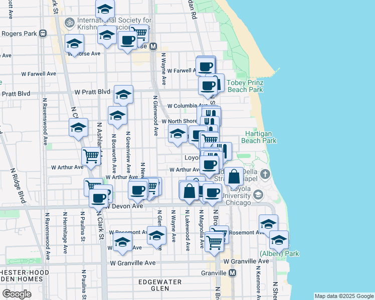 map of restaurants, bars, coffee shops, grocery stores, and more near 1254 West Loyola Avenue in Chicago