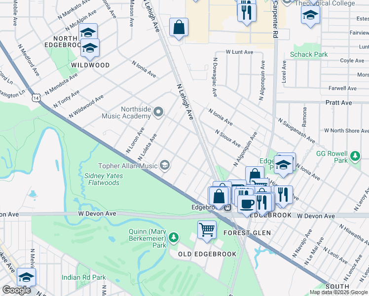 map of restaurants, bars, coffee shops, grocery stores, and more near 6623 North Chicora Avenue in Chicago