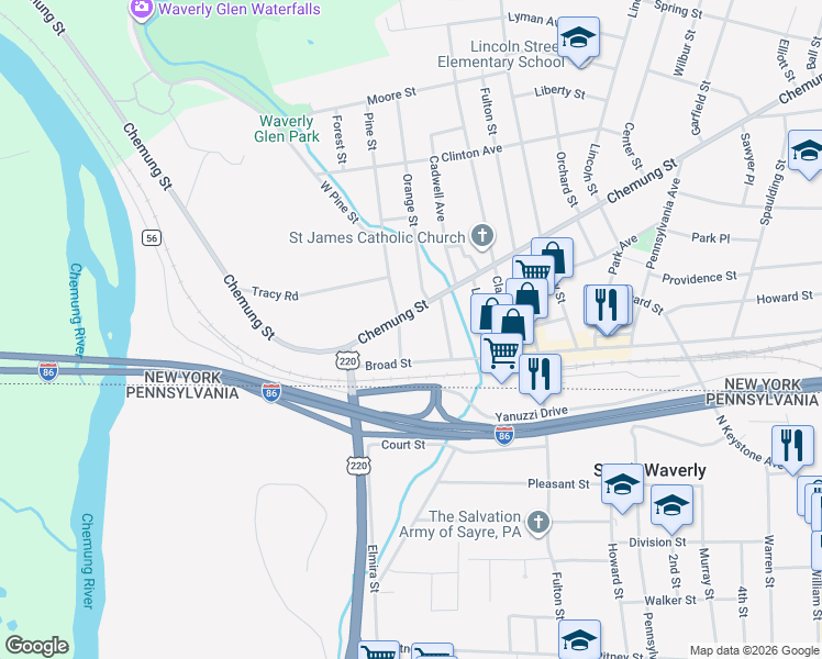 map of restaurants, bars, coffee shops, grocery stores, and more near 12 Pine Street in Waverly