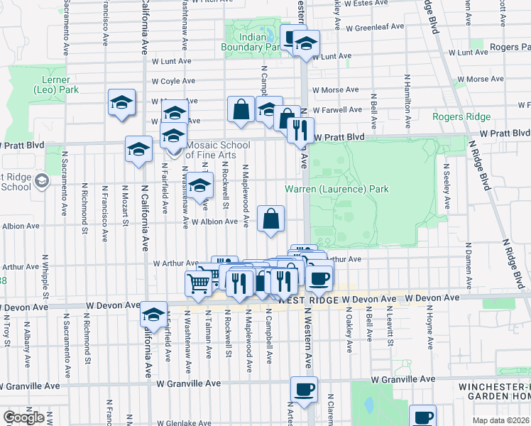 map of restaurants, bars, coffee shops, grocery stores, and more near 6604 North Campbell Avenue in Chicago