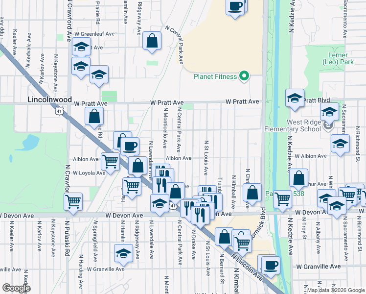 map of restaurants, bars, coffee shops, grocery stores, and more near 6625 North Central Park Avenue in Lincolnwood