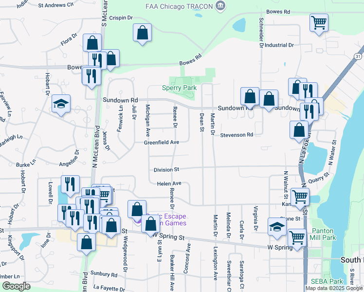 map of restaurants, bars, coffee shops, grocery stores, and more near 839 Greenfield Avenue in South Elgin