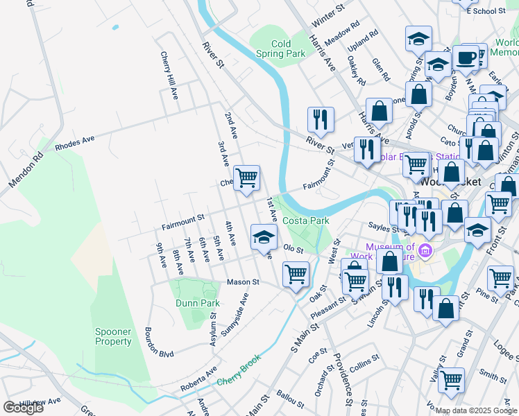 map of restaurants, bars, coffee shops, grocery stores, and more near 273 2nd Avenue in Woonsocket
