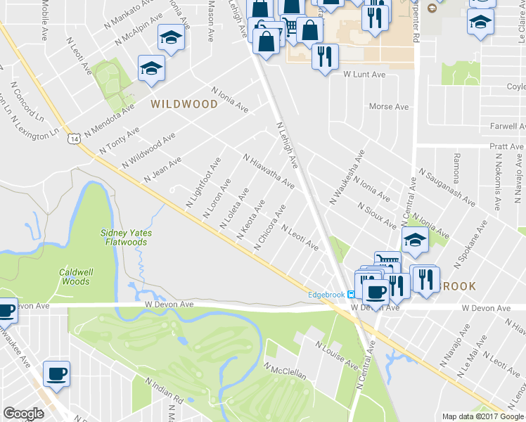 map of restaurants, bars, coffee shops, grocery stores, and more near 6643 North Leoti Avenue in Chicago