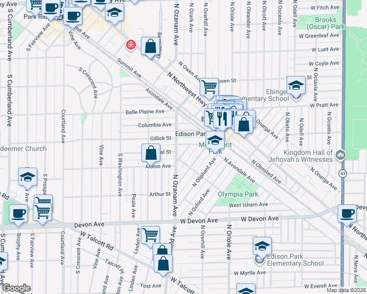 map of restaurants, bars, coffee shops, grocery stores, and more near 6640 North Ottawa Avenue in Chicago